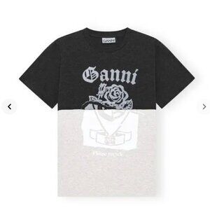 Ganni Re-Cut Cotton Jersey Tee in Phantom Light/Dark Gray Two-Tone L NWT